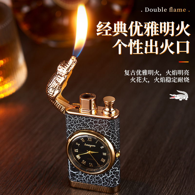 Personality Double Flame Crocodile Model Lighter With Clock Disc Windproof Gas Lighter