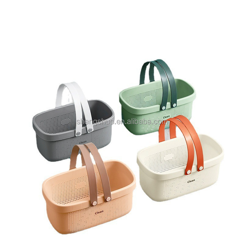 Bathroom Plastic Draining Basket Bath Tool Toiletries Cosmetic Hollow Storage Basket With Silicone Handle