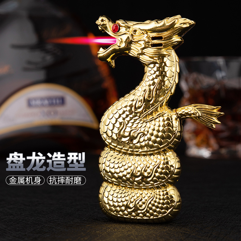 2024 Year Of Dragon A Coiled Dragon Gas Lighter Red Flame Windproof Creative Cigarette Lighter