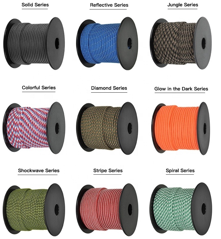 OEM ODM 2mm 3mm 4mm 5mm Paracord Nylon Polyester 1 3 7 9 11 Strand Core Parachute Cord 30m 50m 100m 550 Paracord