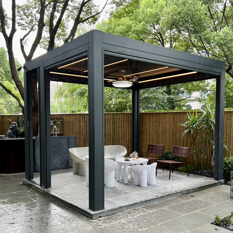 Customized Rainproof waterproof Motorized Gazebo 3x3m Aluminium Louver Roof Garden Building Deck Pergola with Glass Sliding Door