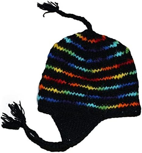 Hand Knit Unisex Wool Beanie Hat Ear Flap Fleece Lined Nepal hat