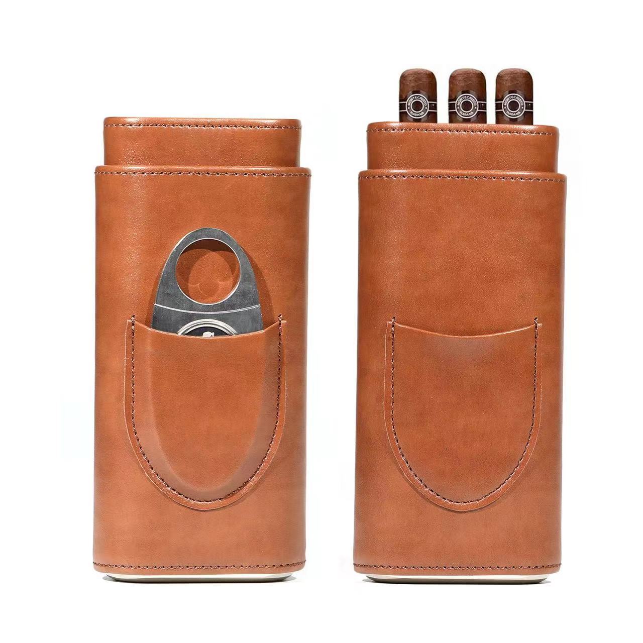 Hot Sell Men Bag Cigar Boxes Portable Pocket Cigar Case Travel Humidor Cabinet Luxury 3 pcs Leather Cigar Case with Cutter