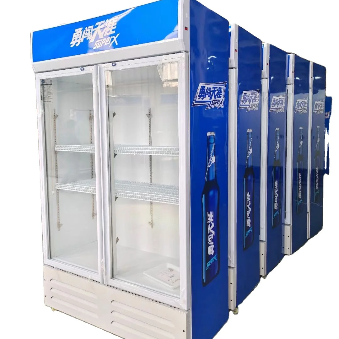 2 Doors 660L direct Cooling double glazing glass lower compressor pepsi display Refrigerator for supermarket copper tube