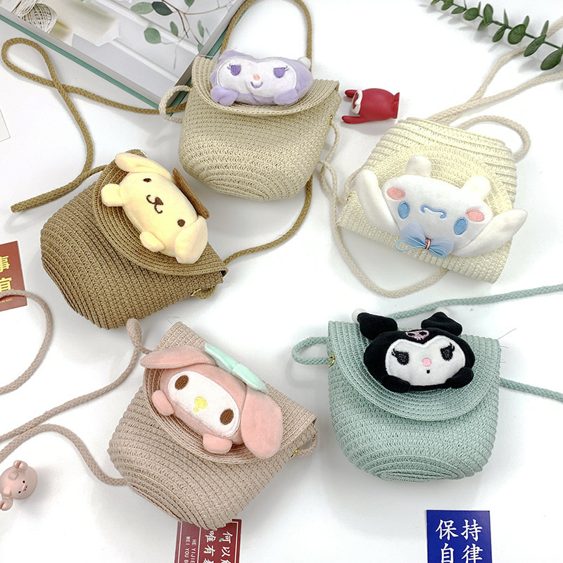 The new hot-selling children's straw bag cute cartoon big ears dog children's coin purse crossbody bag woven mobile phone bag