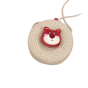 The new hot-selling children's straw bag cute cartoon big ears dog children's coin purse crossbody bag woven mobile phone bag