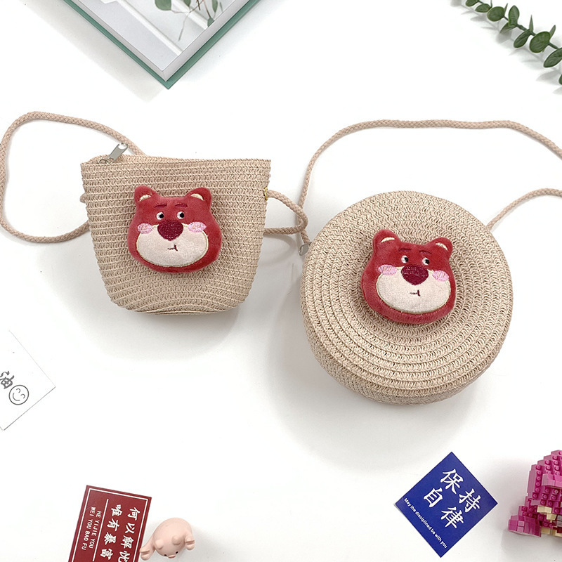 The new hot-selling children's straw bag cute cartoon big ears dog children's coin purse crossbody bag woven mobile phone bag