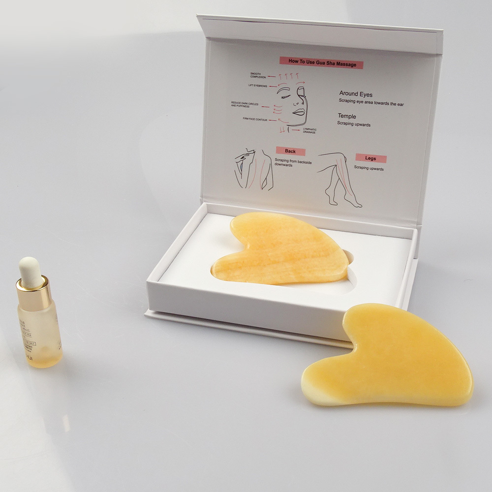 Private Label High Quality 100% Natural Yellow Crystal Jade Stone Orange Color Gua Sha For Facial Massage