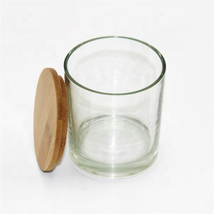 Customized glass candle jars wholesale  clear transparent with bamboo lid glass jars for candles