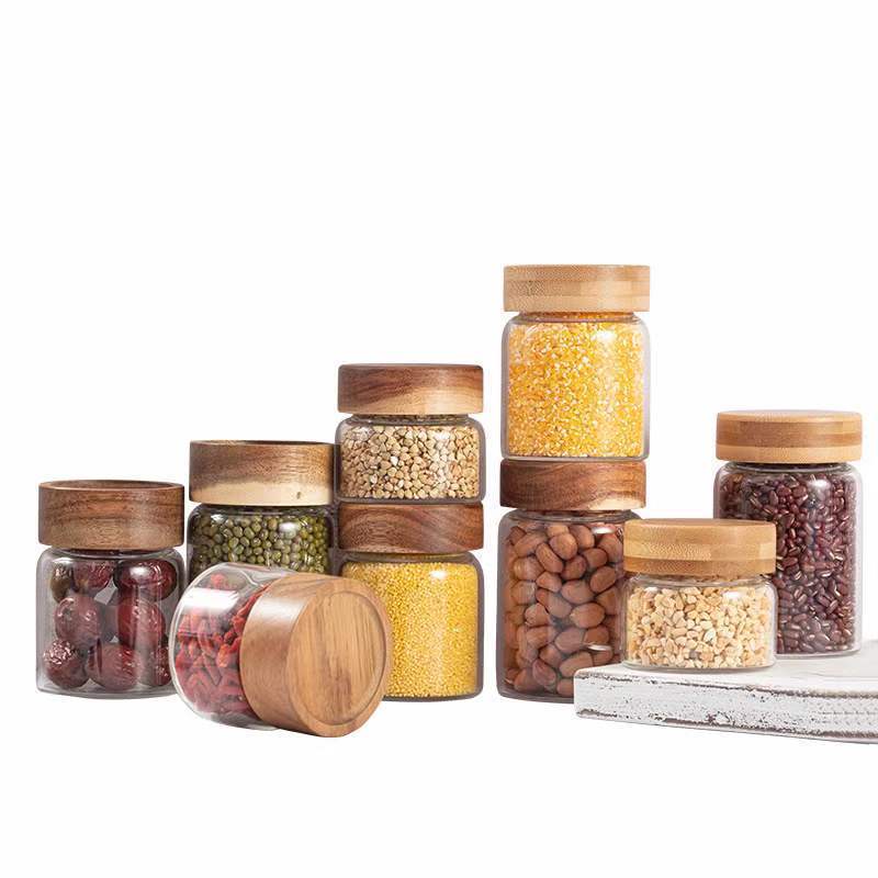 High borosilicate airtight glass canister with acacia wood lid glass storage jars for food