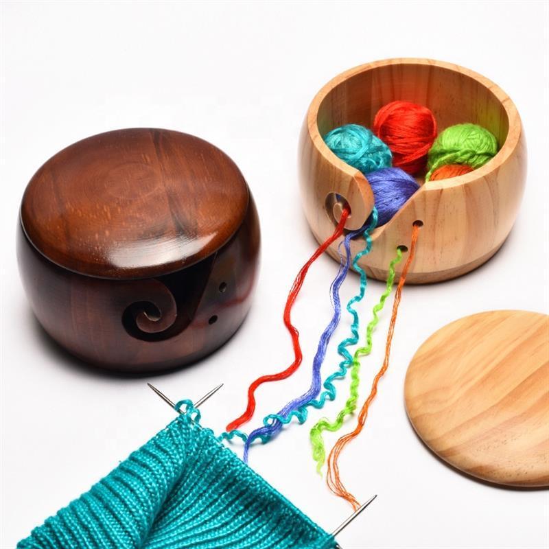 Handmade Wooden Yarn Bowls Sewing Storage Knitting Needles Balls Round Wood Bowl with Different Sizes