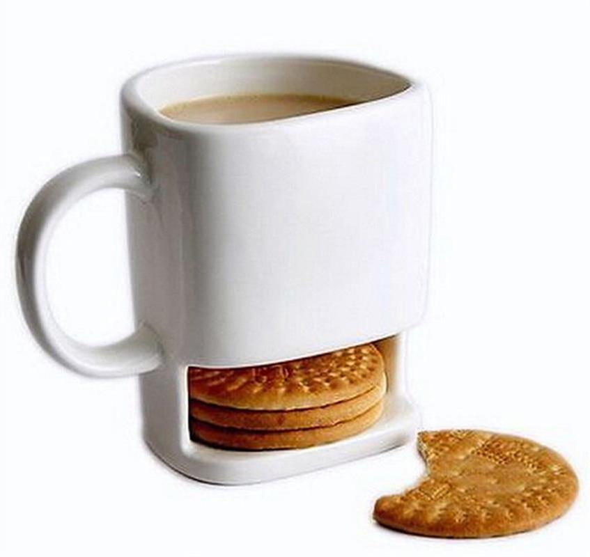 SY Custom Logo 250ML Ceramic Biscuits Mugs White Coffee Tea Milk Dessert Cup Cookie Holder Side Pockets Mug