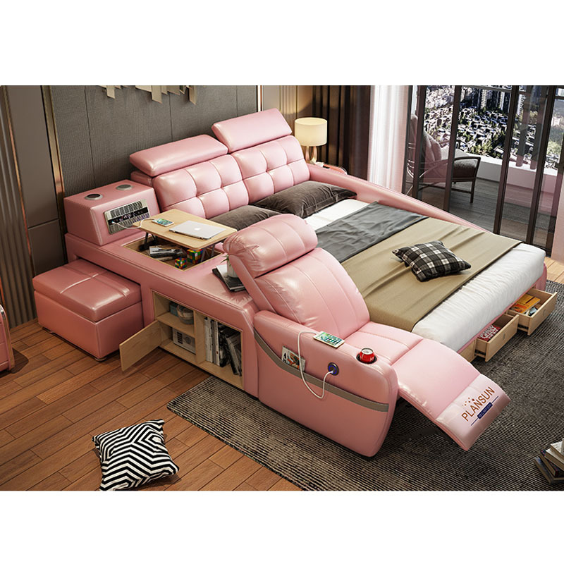 Modern leather bed design  smart multifunction bed