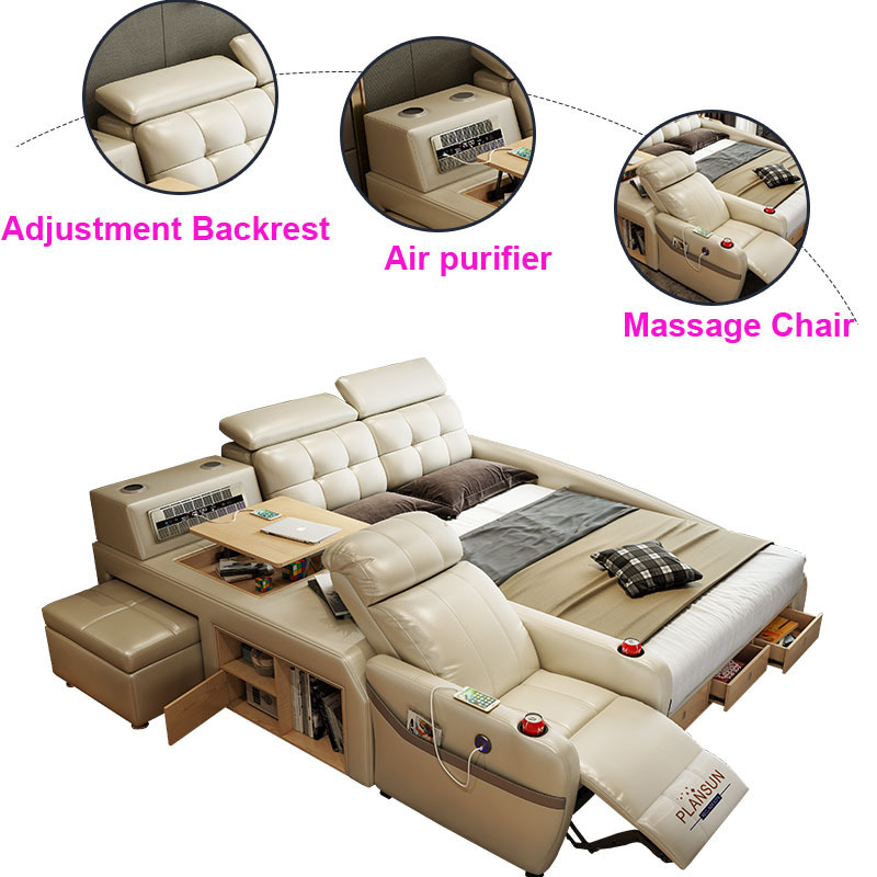 Modern leather bed design  smart multifunction bed