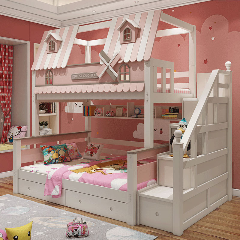 Child mother bed up and down full solid wood double deck adult girl space saving princess bed dream simple student bed