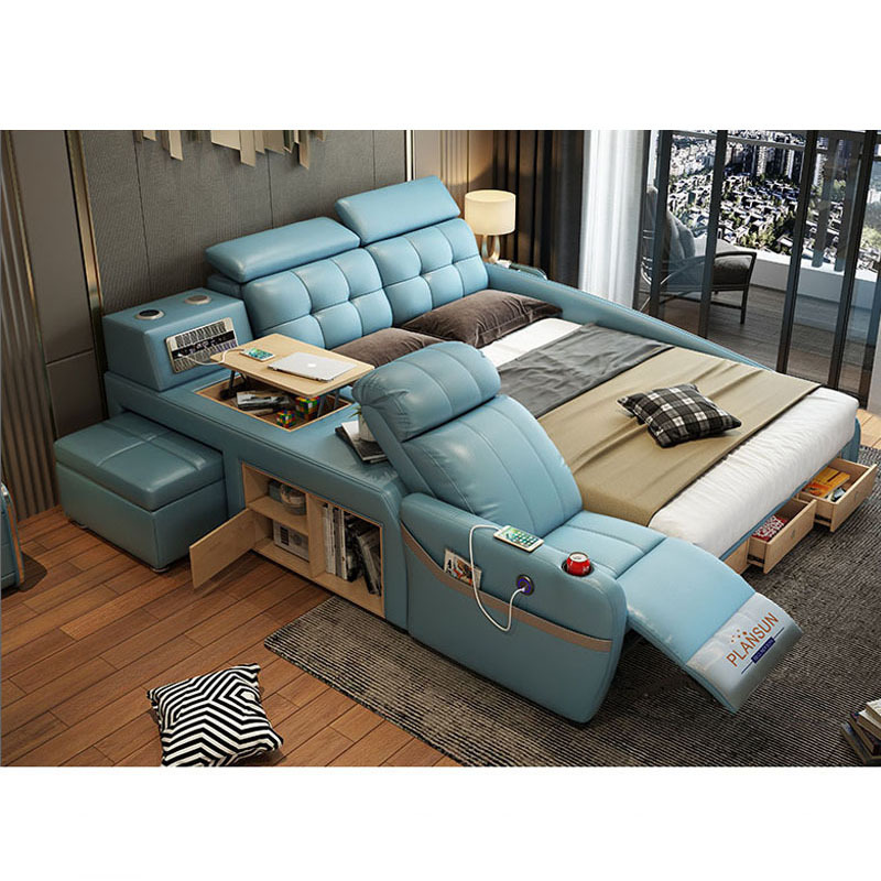 Modern leather bed design  smart multifunction bed