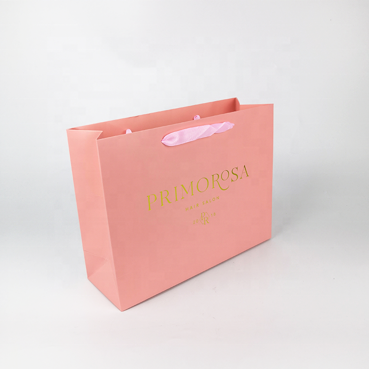 Wholesale cheap custom logo pink luxury paper bag fancy favor wedding door gift paper bag with pink ribbon handles