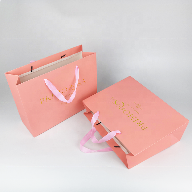 Wholesale cheap custom logo pink luxury paper bag fancy favor wedding door gift paper bag with pink ribbon handles