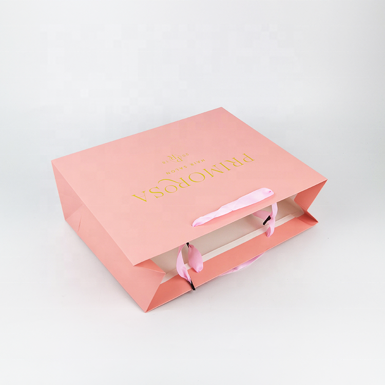 Wholesale cheap custom logo pink luxury paper bag fancy favor wedding door gift paper bag with pink ribbon handles