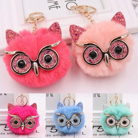 Factory Owl Shaped Cartoon Faux Fur Pom Pom Keychain Handbag Purse Key Holder Keychains