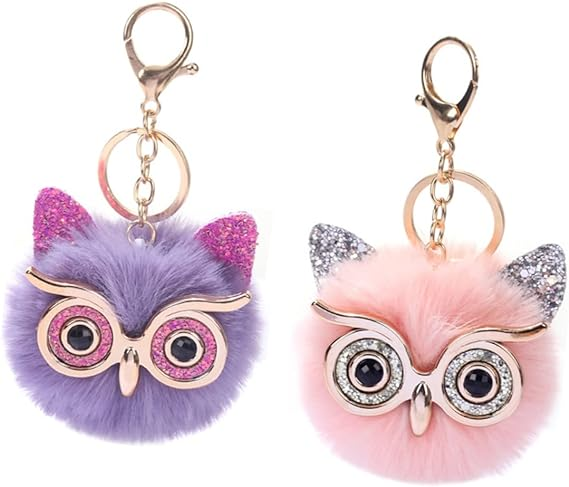 Factory Owl Shaped Cartoon Faux Fur Pom Pom Keychain Handbag Purse Key Holder Keychains