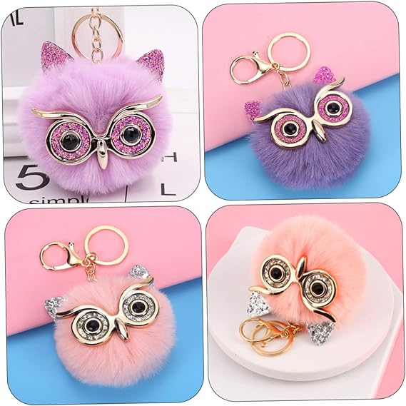 Factory Owl Shaped Cartoon Faux Fur Pom Pom Keychain Handbag Purse Key Holder Keychains