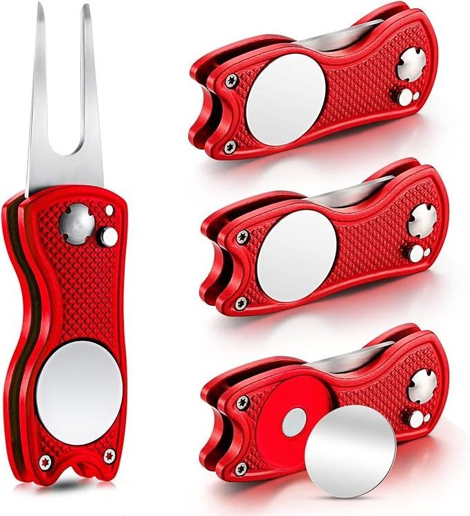 Automatic Metal Folding Golf Divot Tool with Pop-up Button & Magnetic Ball Marker