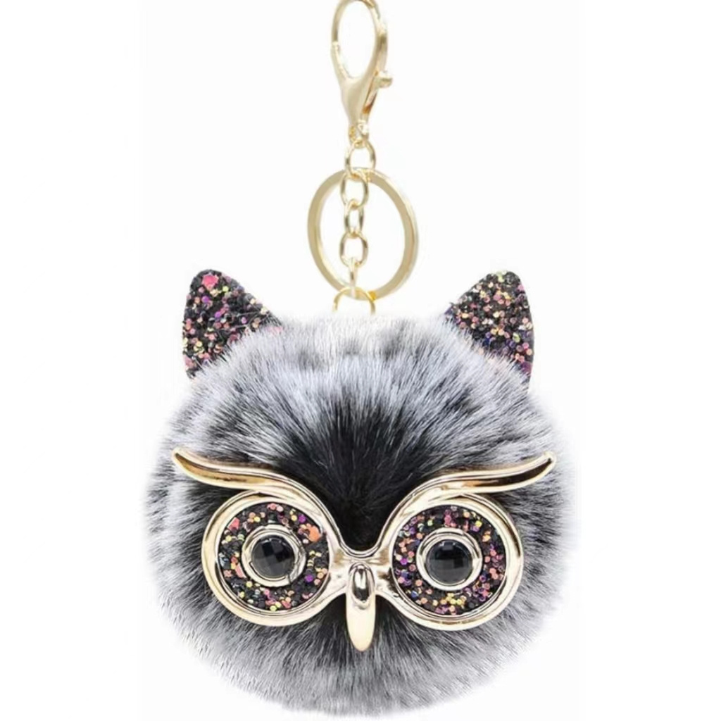 Factory Owl Shaped Cartoon Faux Fur Pom Pom Keychain Handbag Purse Key Holder Keychains