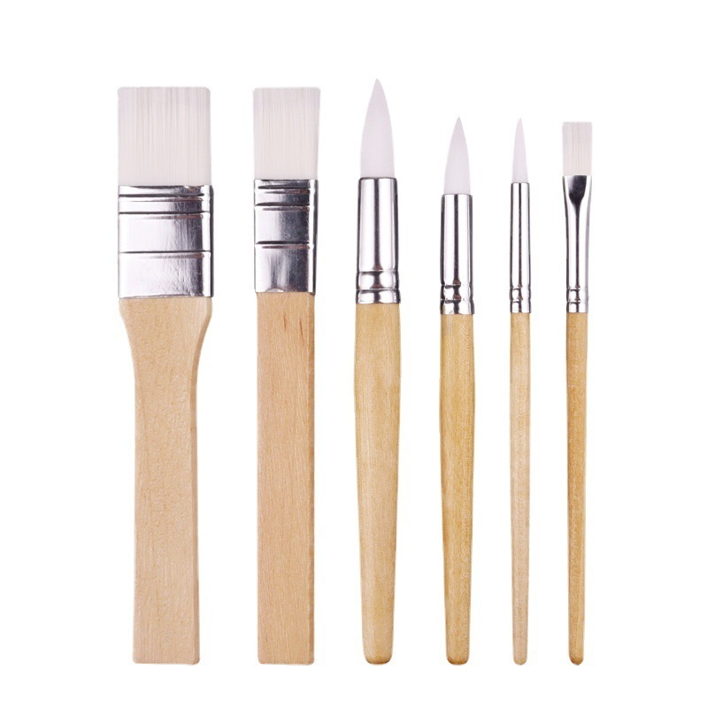 6pcs of artist paint brush set private labeling round flat drawing brushes with wooden handle