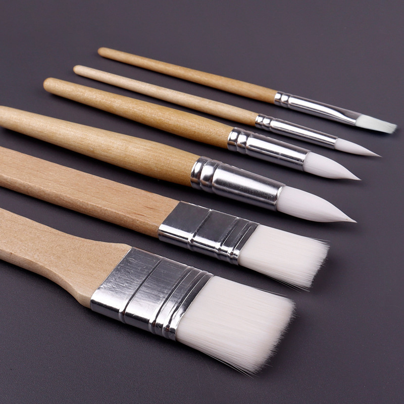 6pcs of artist paint brush set private labeling round flat drawing brushes with wooden handle