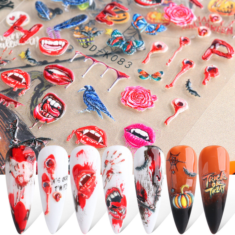 mixed designs soul skull rose bat cartoon scars pumpkin self adhesive 5d nail sticker decal for nail art