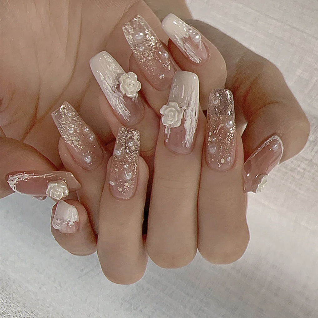 N1445 camellia flower glitter series handmade luxury false press on nails french tip with glue sticker