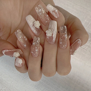 N1445 camellia flower glitter series handmade luxury false press on nails french tip with glue sticker