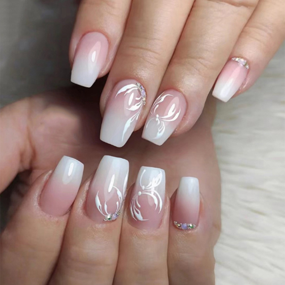 N1279 factory cheap wholesale flower designs pink white press on nails french tip glue sticker and file