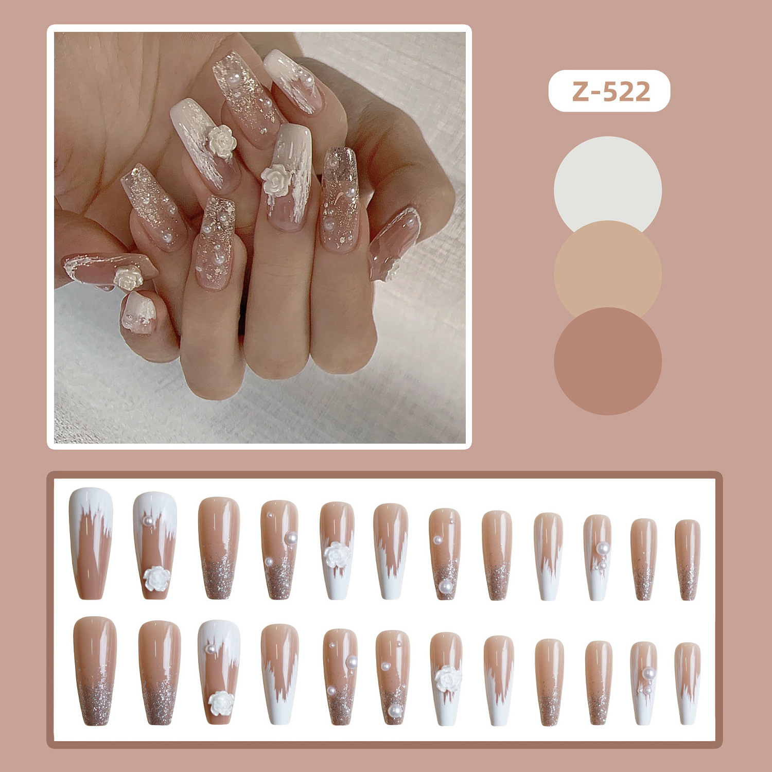 N1445 camellia flower glitter series handmade luxury false press on nails french tip with glue sticker