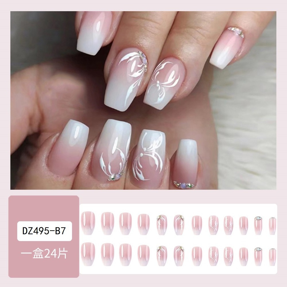 N1279 factory cheap wholesale flower designs pink white press on nails french tip glue sticker and file