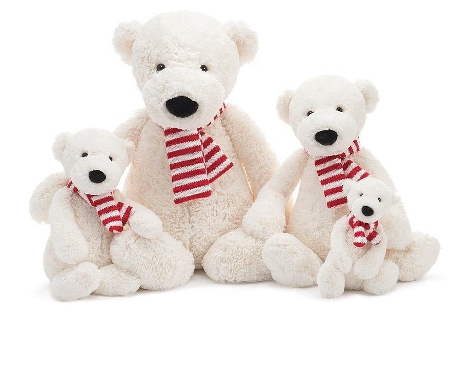 International standard custom design Stuffed plush white polar bear toy with red scarf