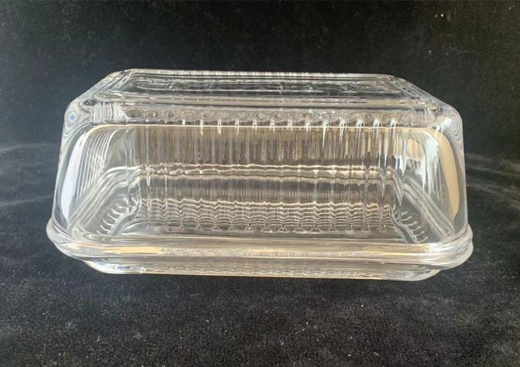 Clear square glass butter dish with cover removable fluted cheese keeper