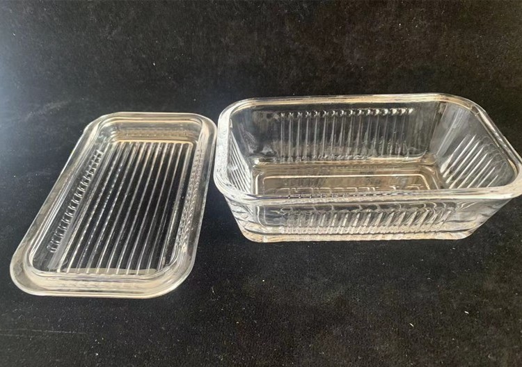 Clear square glass butter dish with cover removable fluted cheese keeper