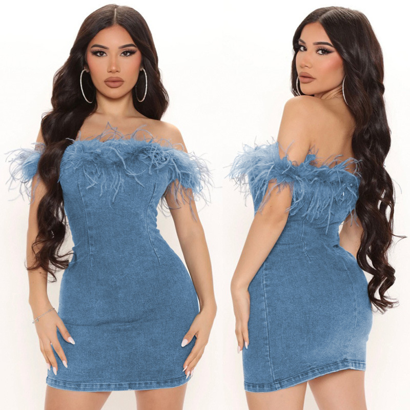 WY23099 2024 Fall Women Clothing Party Club Wear Hot Sexy Denim Jeans Feather Women's Dresses