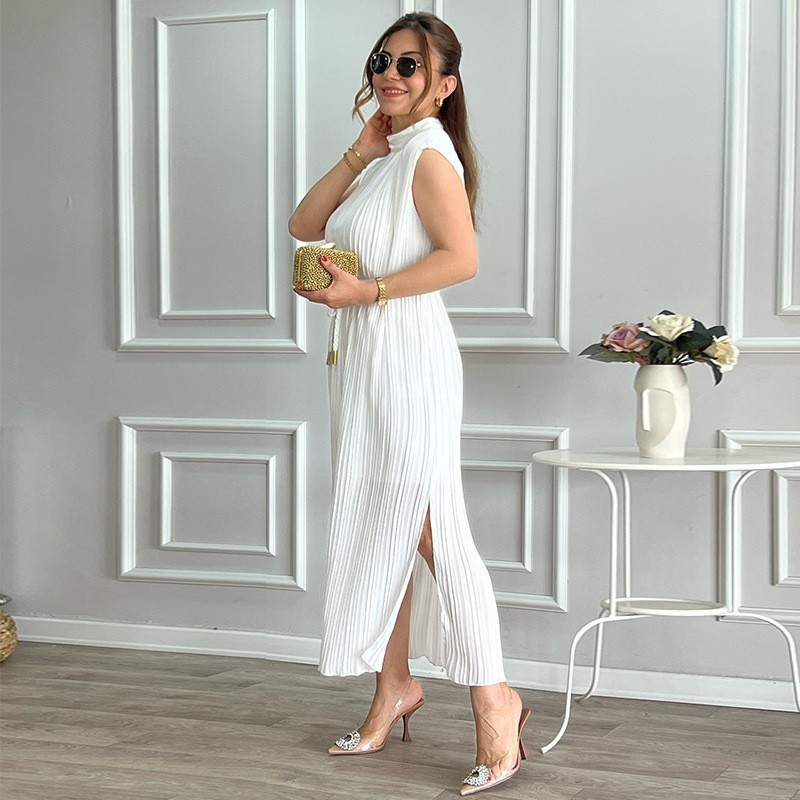 New Arrivals 2024 White Elegant Lady Sleeveless Lace Up Midi Dress African Slit Slim Fit Business Streetwear Casual Dress