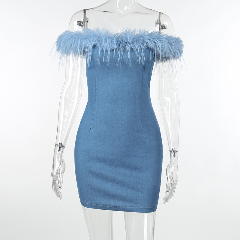 WY23099 2024 Fall Women Clothing Party Club Wear Hot Sexy Denim Jeans Feather Women's Dresses