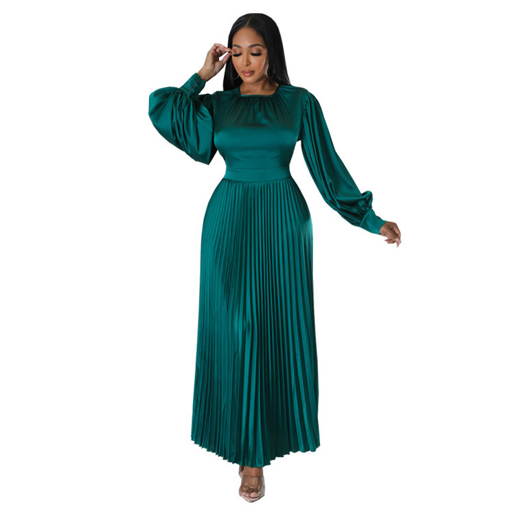 Latest 2024 Spring African Kitenge Dress Designs Solid Silk Long Sleeve Stripe Pleated Loose Long Casual Dress