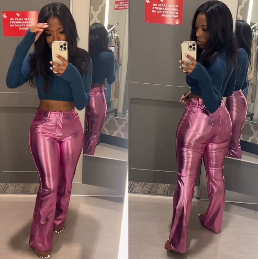 Y6014 New Chic 2024 High Quality Metallic Bright Straight Wide Leg Street Casual Leather Pants Ladies Pink Sexy Club Trousers