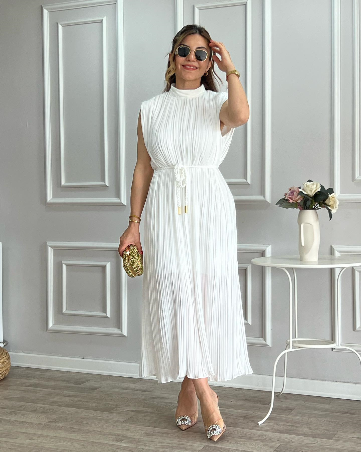 New Arrivals 2024 White Elegant Lady Sleeveless Lace Up Midi Dress African Slit Slim Fit Business Streetwear Casual Dress