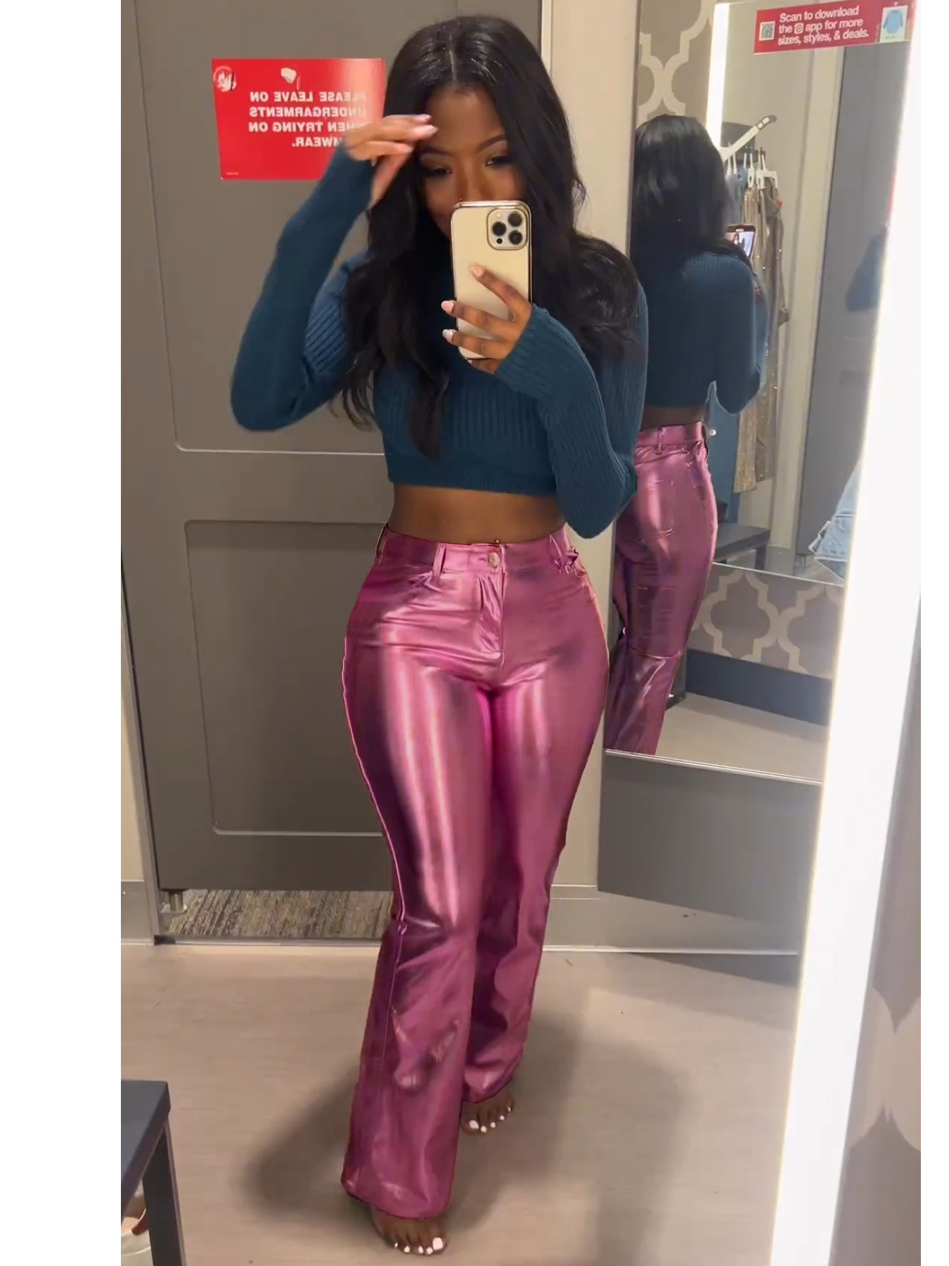 Y6014 New Chic 2024 High Quality Metallic Bright Straight Wide Leg Street Casual Leather Pants Ladies Pink Sexy Club Trousers