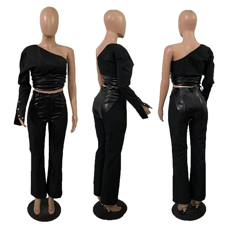 Street Fashion Motorcycle Style One Shoulder Shirt And Leather Pants Two Piece Set Sexy Club Women Outfits