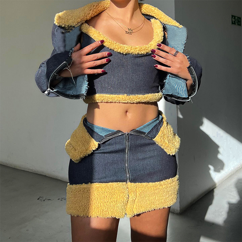 Q23ST Winter Sexy Casual Denim Patchwork Fur Casual Women 3 Piece Short Crop Cardigan Coat With Vest With Mini Denim Skirts Sets