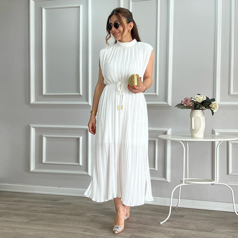 New Arrivals 2024 White Elegant Lady Sleeveless Lace Up Midi Dress African Slit Slim Fit Business Streetwear Casual Dress