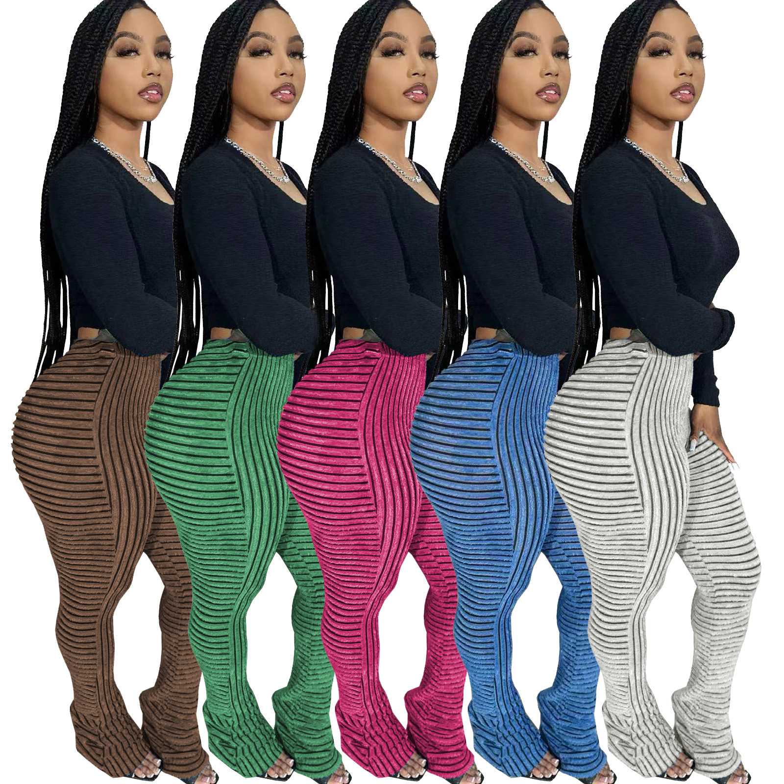 HR23101 2023 Fall Woman High Waist Stretchy Stacked Joggers Fur Stripes Pleated Flare Pants Woman Fuzzy Stacked Sweat Pants